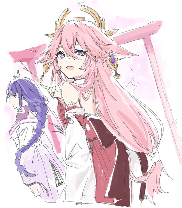 結構前に絵チャで描いた八重神子さんと雷電将軍 