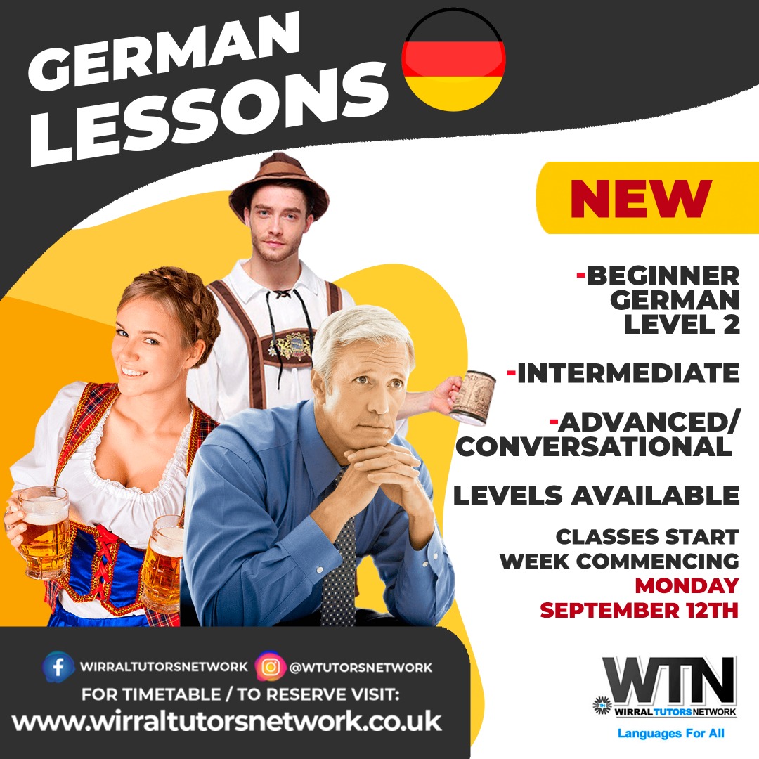 German Classes 🇩🇪 
Beginner, Intermediate and advanced levels available,
For details visit:
wirraltutorsnetwork.co.uk
 #germanclasseswirral  #GermanClasses #OnlineClasses #FaceToFaceClasses #Wirral  #Hoylake #community #GCSEgerman #ALevel #GroupClasses #individualclasses