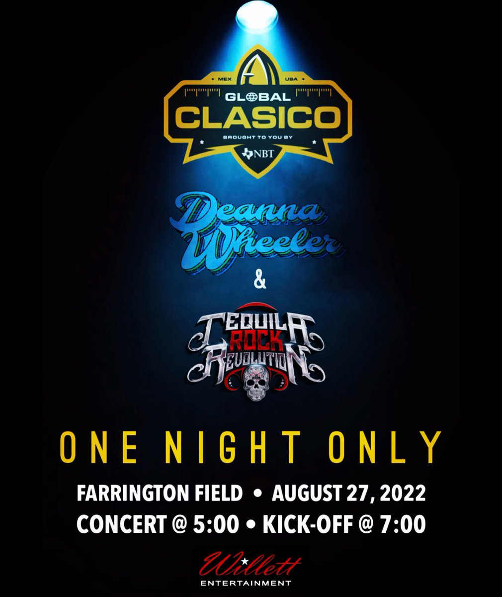 We are honored to be producing the pre-game concert for the <a href="/GlobalClasico/">Global Clasico</a> at historic Farrington Field stadium in 2 weeks!

1 ticket…3 shows!
5p @tequilarockrev 
6p <a href="/DWheelerMusic/">Deanna Wheeler</a> 
7p <a href="/TxWesFootball/">TxWes Football</a> vs <a href="/AsucqFootball/">ASUCQ Football</a>

#FortWorth #Texas #collegefootball #pregame #concert