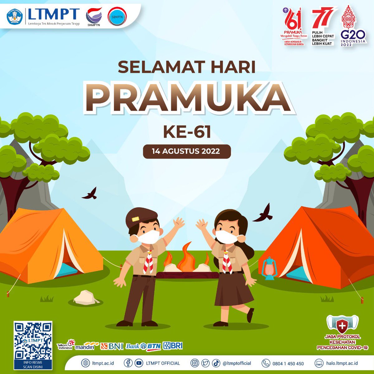 Lembaga Tes Masuk Perguruan Tinggi mengucapkan Selamat Hari Pramuka ke 61!

Dengan mengusung semangat mengabdi tanpa batas untuk membangun ketangguhan bangsa, mari bersama kita memupuk diri menjadi tunas terbaik yang dapat memberikan kontribusi nyata bagi negeri.

#LTMPT2022