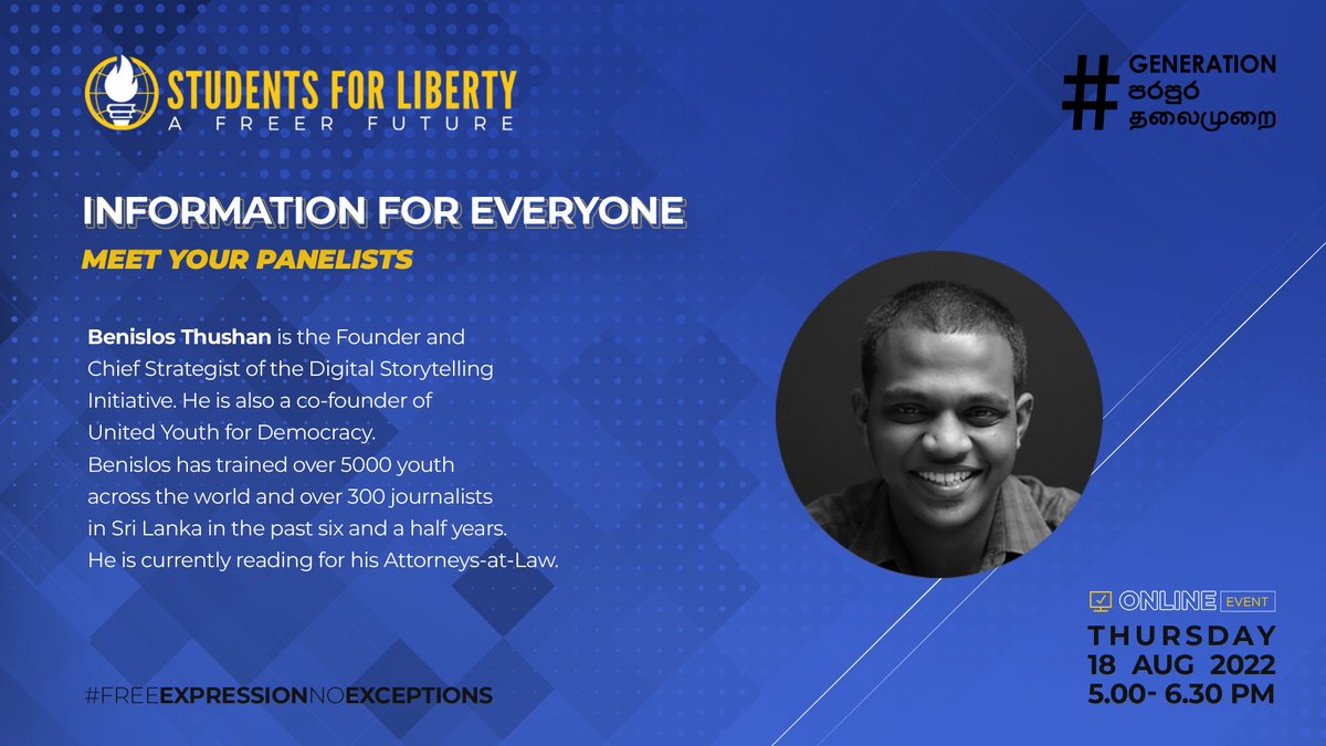 sfl_srilanka's tweet photo. Panelist @benislos is the Founder and Chief Strategist of Digital Storytelling. He is also a co-founder of United Youth for Democracy. Benislos has trained over 5000 youth across the world and over 300 journalists in Sri Lanka. He is currently reading for his Attorney-At-Law. https://t.co/hWaosC9odG