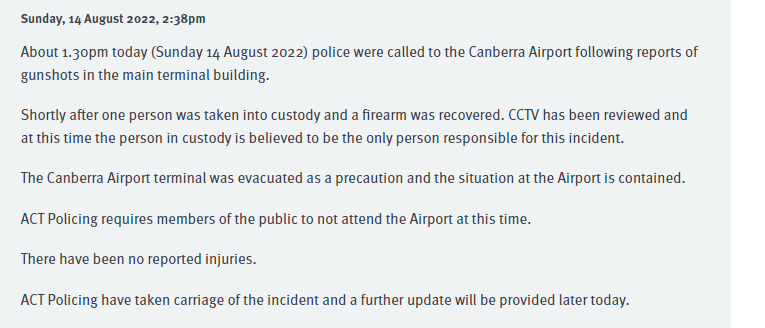AndrewBrownAU's tweet photo. Just in: Statement from ACT Police following shooting at Canberra Airport. Man has been arrested and no injuries reported https://t.co/7FNSUE6Ver