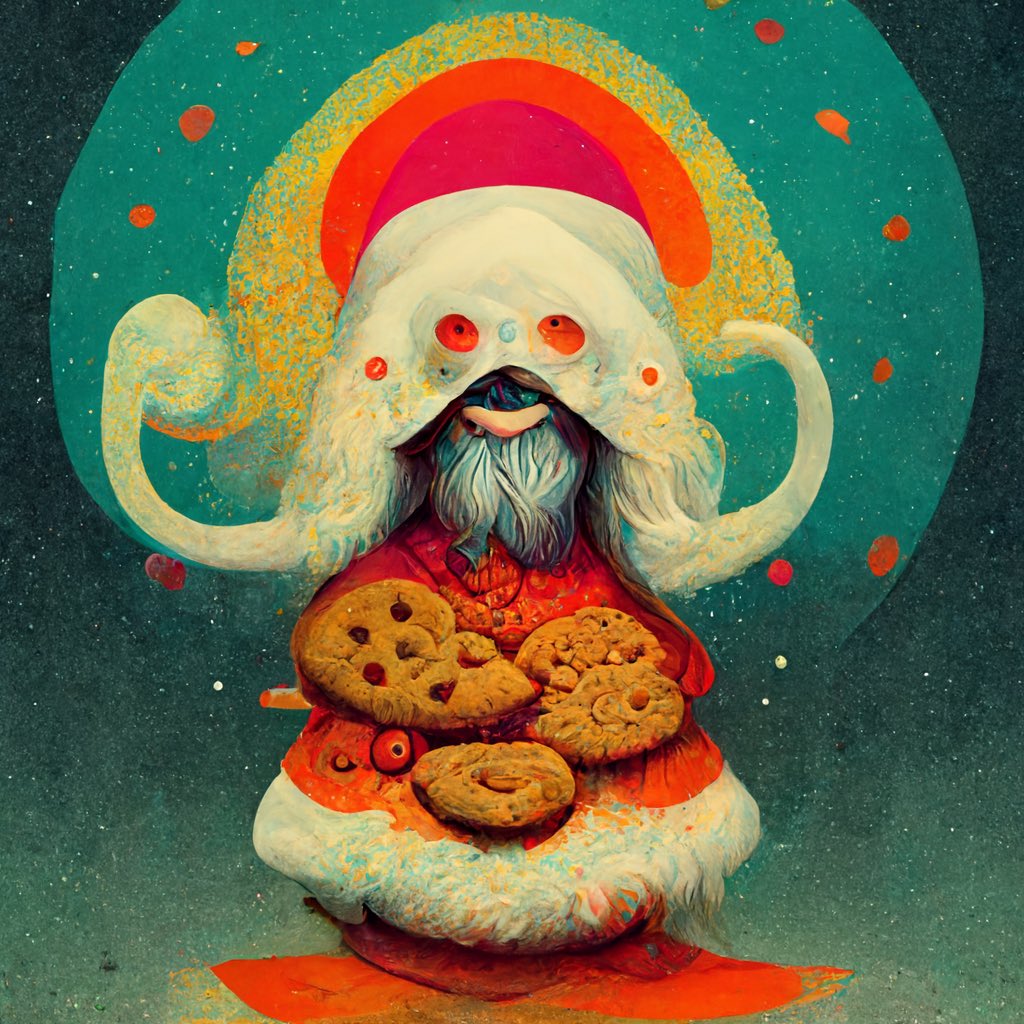 nightwolfapp's tweet photo. Psychedelic Santa having milk and cookies #midjourney #MJonly https://t.co/MzD104KgIs