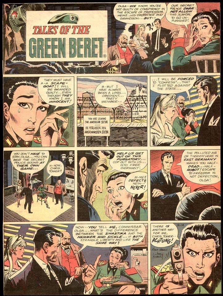 Comichistorians's tweet photo. Tales of the #GreenBeret by #RobinMoore and #DCComics’ #JoeKubert, 1965. Originally run in the #ChicagoTribune. Kubert had a flare for depicting the complex humanity of #war & worked on this strip from 1965-1968. He quit the pro-war title after the #draft age went from 21 to 18. https://t.co/J5AntUuTU1