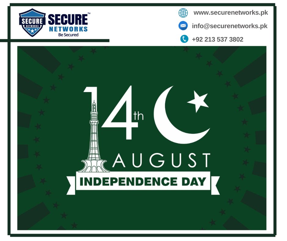 SecureNetworksp's tweet image. The Celebration of Freedom, Happy Independence Day  :)

#secureNetworkspvtltd #securenetworks 
#independenceday #14August

securenetworks.pk
info@securenetworks.pk
+92 213 537 3802