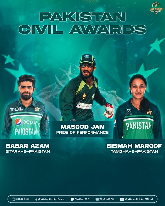 CONGRATULATES Masood Jan, #Pakistan men's team captain Babar Azam and Pakistan women's team captain Bismah Maroof at being conferred with civil awards on #Pakistan's 75th anniversary. #PakistanZindabad #PakistanIndependenceDay #PakistanCricket