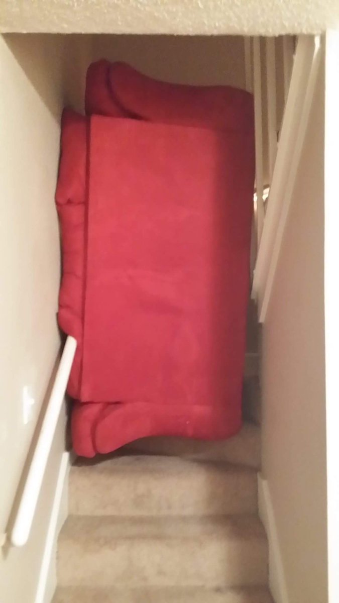 EroySpaz's tweet photo. #BasementStorageFails
That old couch you finally try to haul away gets stuck on the way up stairs. https://t.co/yL26Skbyhc