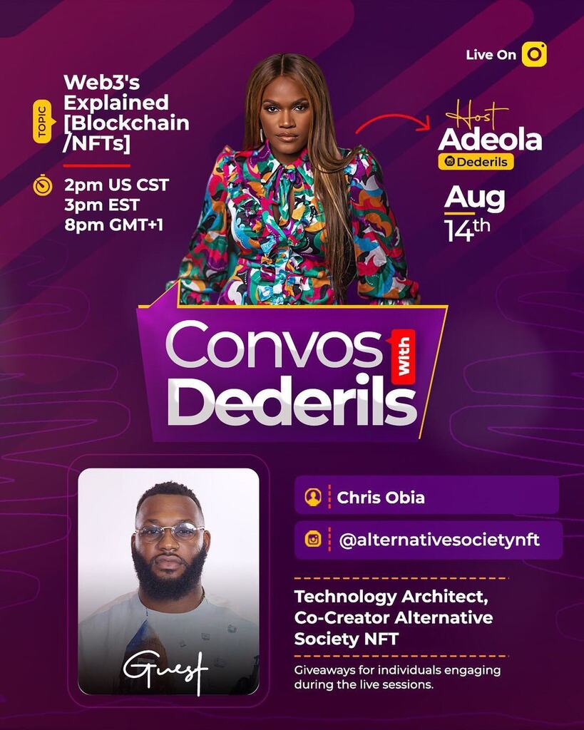 Hey Altés, Join us Tomorrow Aug 14th, 2PM CST on IG live with @dederils, Where we will be discussing Web3, Blockchain and NFT’s, this would be an informative session, and as well there will be give away to the most interactive viewers. Don’t Miss this! … instagr.am/p/ChOnYYUOUtf/