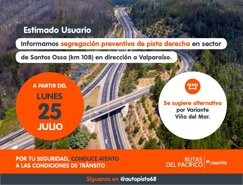 autopista68's tweet photo. [ℹ INFORMAMOS] Segregación preventiva de pista lenta, por condición de riesgo desde el km 108,15 al km 108,7 sector Santos Ossa, en dirección a Valparaíso. Prefiera alternativa por Variante Viña del Mar #VíasChile Maneje con precaución. https://t.co/BqCS6TWaxG