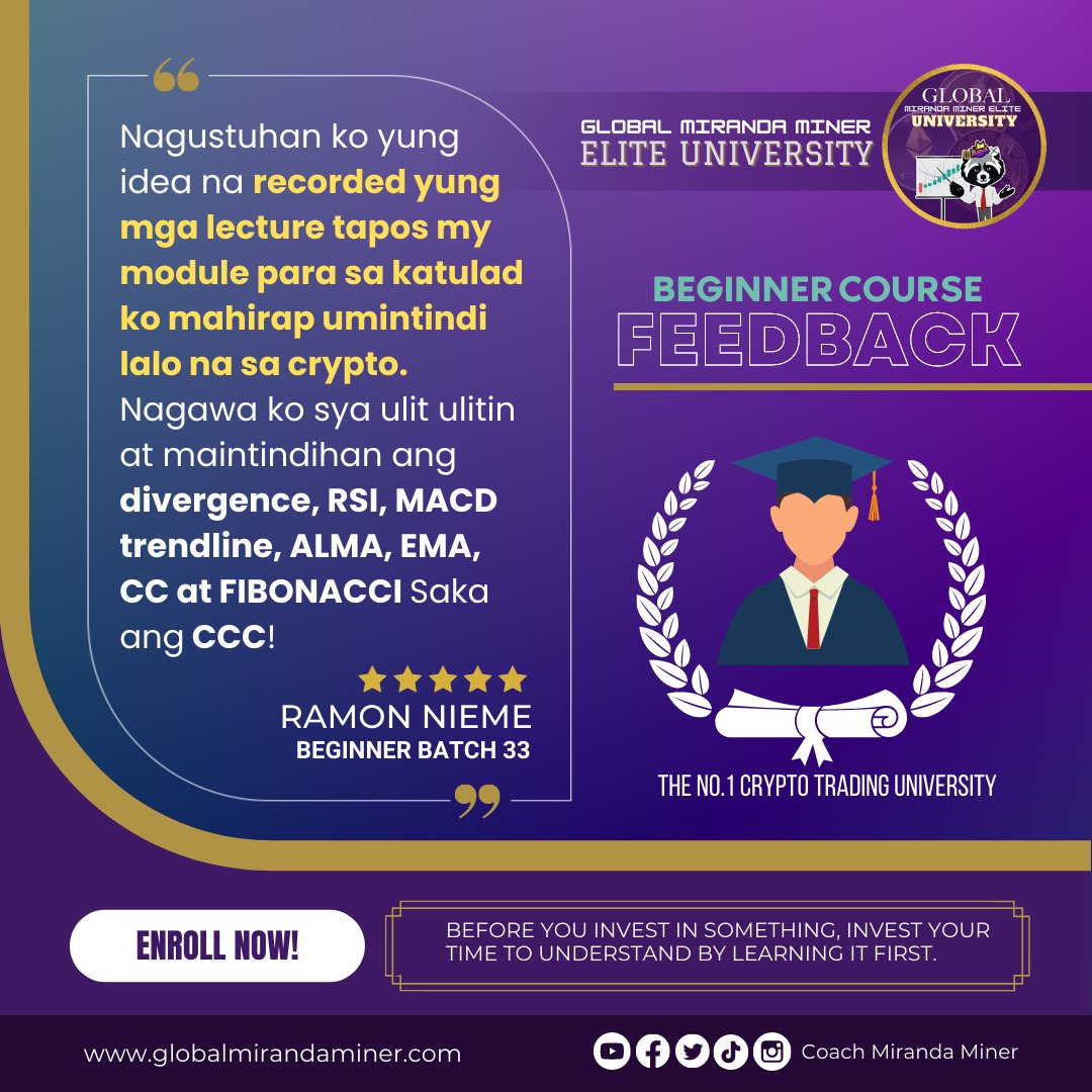 gmmg_official's tweet photo. ❓NEWBIE in Crypto? Nagdadalawang-isip if worth it bang mag-enroll sa Elite University?
Then let us read the feedback of Beginner Batch 33 graduate!
ENROLL NOW, kamiranda. 😉
https://t.co/0smpyv60zQ
#EliteUFeedback #BeginnerCourse #CMMProfitableSystem #FEAST https://t.co/yXqtWBdydn