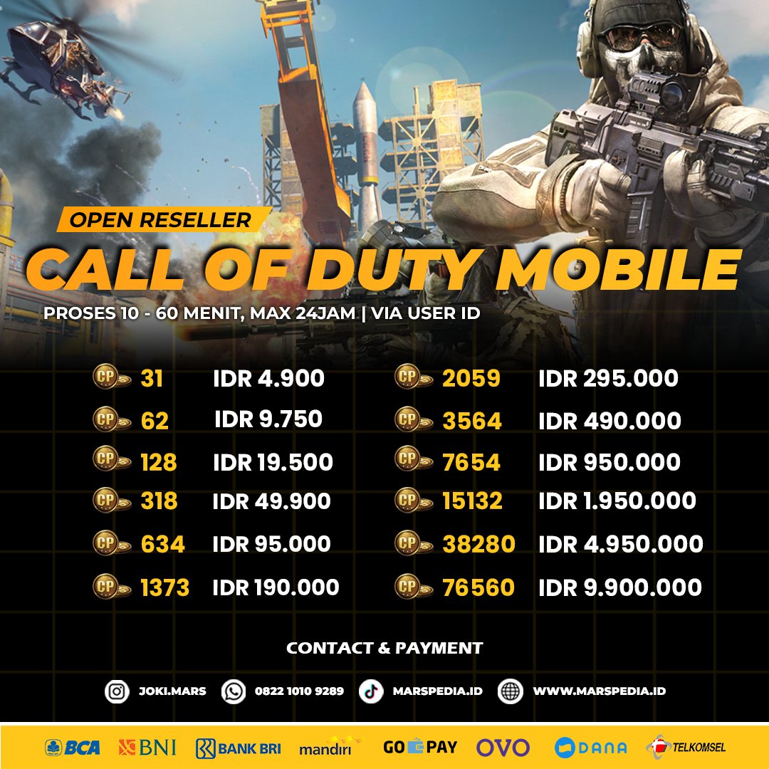 MarsCelebrity's tweet photo. Jasa Joki Top Up CODM Call Of Duty Mobile Garena CP Termurah Aman Terpercaya
By : Marspedia Mars Celebrity Corporate JOKIMARS ★★★★★

Contact Person
👥 WA = 0822 1010 9289
🔗 Website = https://t.co/wAXlNG5jeL
🔗 Website = https://t.co/Sy9YokIiJj / https://t.co/PjlSt0TMh1 https://t.co/bQ2r7dZvM1