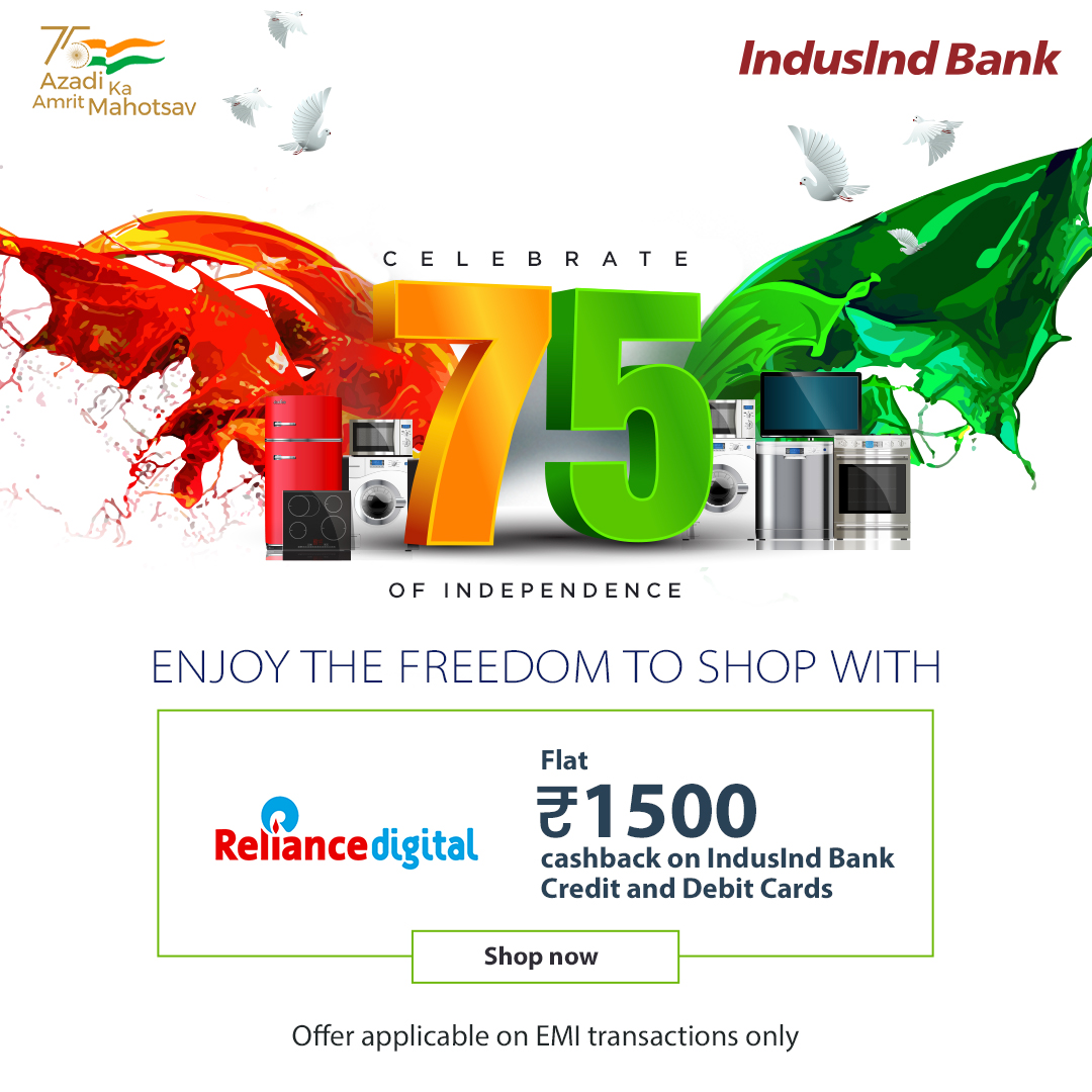 MyIndusIndBank's tweet photo. This Independence Day, IndusInd Bank is offering you full freedom to shop smartly. Just visit Reliance Digital store and avail incredible discount on gadgets and electronics.

Click here to know more: https://t.co/9YVk72uT1z

#indusindbank #relaincedigital #discount #gadgets https://t.co/E2tjPoDLXj