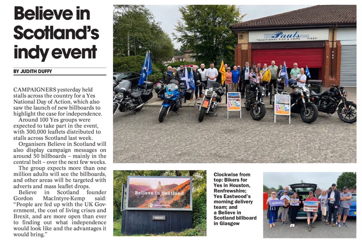 Nice to see <a href="/YesEastwood/">Yes Eastwood</a> featuring in today’s <a href="/SunScotNational/">Good News Scotland</a> after taking part in the #DayOfAction for #ScottishIndependence2023