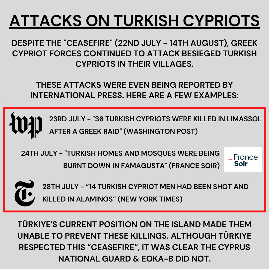 Young_Turk_Cyp's tweet photo. Despite the supposed ceasefire on the 22nd July, Turkish Cypriots were still being murdered by EOKA terrorists and invading Greek troops. These killings were even reported by international press ⬇️ #CyprusPeaceOperation #KıbrısBarısHarekatı #GreekInvasionOfCyprus https://t.co/OTBEPaKxKa
