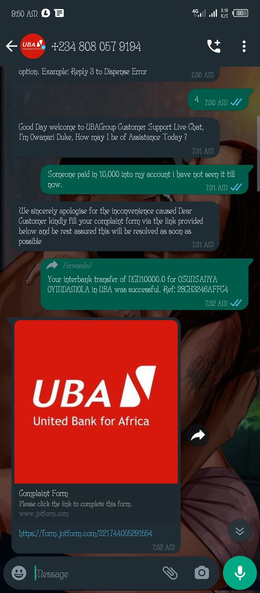ella_allu's tweet photo. Uba bank you guys are just so unreliable i swear i don't know why am banking with you. You gave me you whatsapp chat online and i was ask to hold on forever for my money. https://t.co/GXqZpKF3J4
