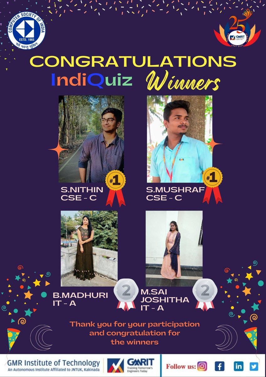 The wait is finally over!!
The winners of IndiQuiz is here!🥳

IndiQuiz – 11th August,2022 :- 

🥇Winners Team –
S. Nitin Reddy – 3rd CSE C
Shaik Musharaf – 3rd CSE C

🥈Runners Team –
B.Madhuri – 3rd IT A
M.Sai Joshitha – 3rd IT A

#csigmrit #csi #independeceday #quiz #gmrit