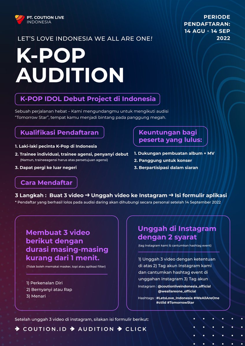 redangelkorea's tweet photo. — Audisi TOMORROW STAR —
Let’s Love Indonesia - We All Are One
Tempat kamu menjadi bintang pada panggung megah.
Ternyata, di Indonesia juga ada K-POP IDOL DEBUT PROJECT yang kasih kamu kesempatan untuk jadi K-POP IDOL!
#LetsLove_Indonesia #WeAllAreOne #ctlid #TomorrowStar https://t.co/HccEP7vLfj