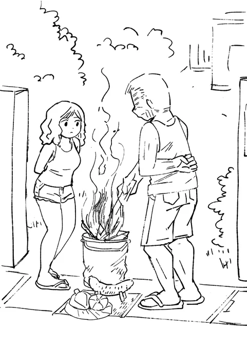 近所のお庭大きめなお家の門扉の前でおじいさんとギャルっぽい孫が迎え盆の迎え火を銀色のバケツの中で豪快にごうごう焚いてて何だかよかったです。 
