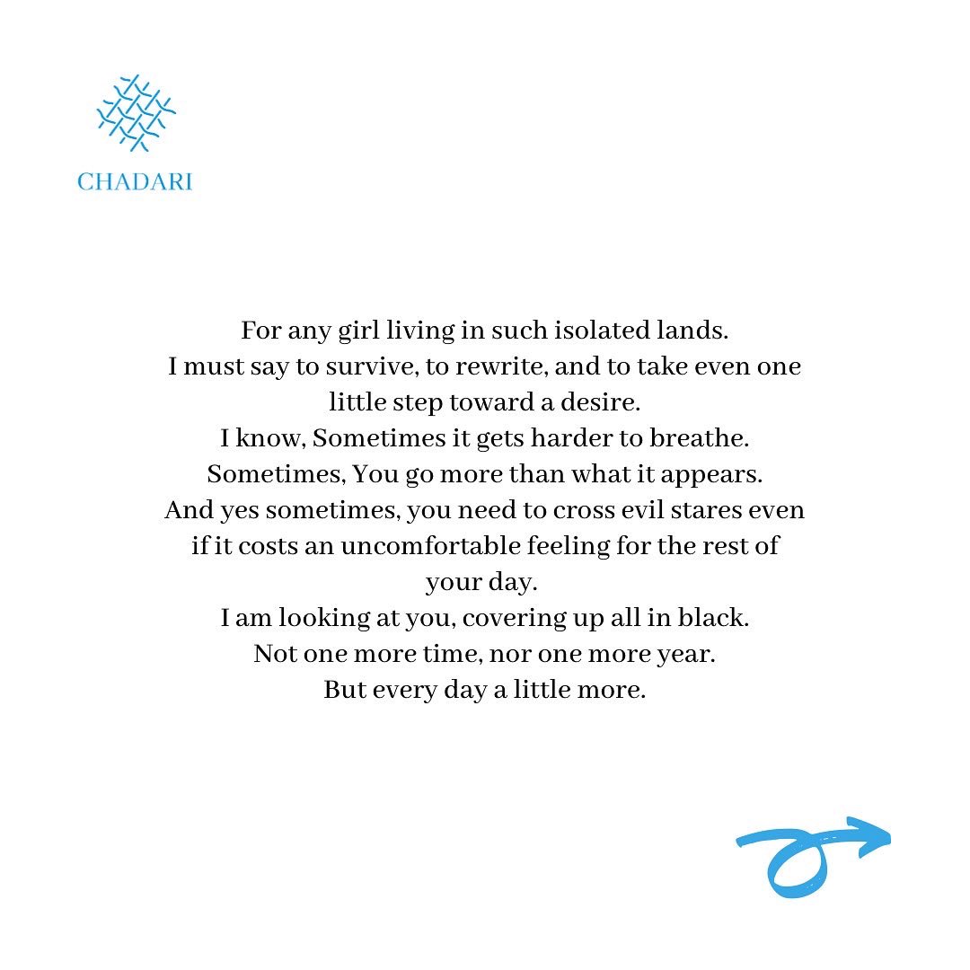 chadariproject's tweet photo. In this piece of writing, Aisha Muradi called the women of her country to stay strong & be aware that this darkness is not permanent. Don't let ignorance prevent the buds of hope that have sprouted again in the dirt from blooming.
#afghanwomen #afghangirls #chadariproject https://t.co/IpnTeupuTF
