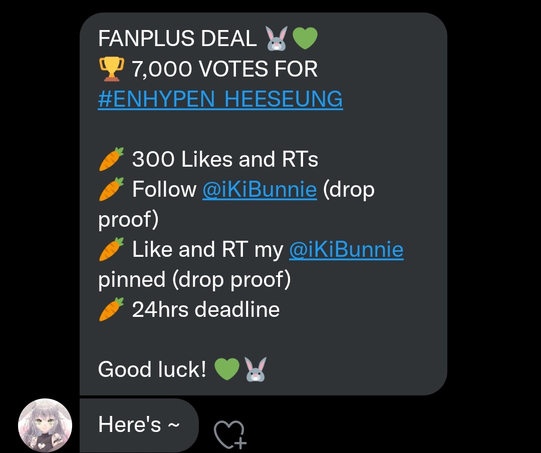 hideazi's tweet photo. FANPLUS DEAL 🐰💚
🏆 7,000 VOTES FOR #ENHYPEN_HEESEUNG 

🥕 300 Likes and RTs
🥕 Follow @iKiBunnie (drop proof)
🥕 Like and RT @iKiBunnie pinned (drop proof)
🥕 24hrs deadline

Good luck! 💚🐰
#ENFuelUp https://t.co/saSyTZd0Iu