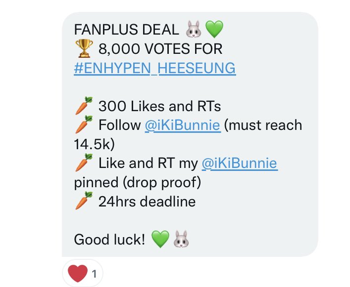 meantforpsh_'s tweet photo. FANPLUS DEAL 🐰💚
🏆 8,000 VOTES FOR #ENHYPEN_HEESEUNG 

🥕 300 Likes and RTs
🥕 Follow @iKiBunnie (must reach 14.5k)
🥕 Like and RT my @iKiBunnie pinned (drop proof)
🥕 24hrs deadline

Good luck! 💚🐰

#ENFuelUp https://t.co/7jJL7j8TCA