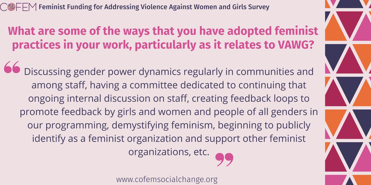 COFEM_EVAW's tweet photo. To create a #FeministFunding ecosystem is a journey, not a destination and the work needs to be done in all aspects of how we operate to challenge traditional notions of power. 

Respondents shared the myriad of ways they bring their feminist values &amp; insight to their work https://t.co/HgPCjOyuoo