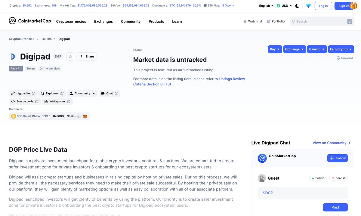🔥 Digipad Officially Listed On CoinMarketCap 🔥

💎 CoinMarketCap: coinmarketcap.com/currencies/dig…

🚀 Private Sale Starts In 10 Hours 🚀

💹 Private Launchpad Link: launchpad.digipad.io/digipad

#DGP #Digipad #BNB #Binance #Airdrop #BSCGem #BinanceSmartChain #CoinMarketCap