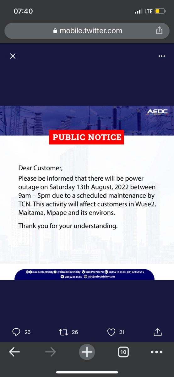 Sense_Advocate's tweet photo. @TCN_NIGERIA we got this from AEDC. It’s been 3 days now without power supply in Katampe and environs. Please we are pleading. Thank you https://t.co/c9gSd9GA7M