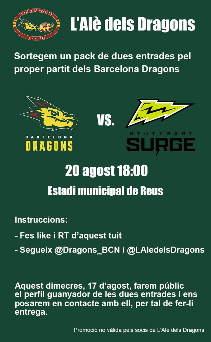 LAledelsDragons's tweet photo. Des de L'Alè dels Dragons sortegem un pack de dues entrades al sector 410, perquè vinguis a Reus a veure el proper partit dels Dragons!

Cal que a aquest missatge facis Like, RT, i segueixis @Dragons_BCN i @LAledelsDragons
 
Dimecres farem públic el guanyador.
🏈 🐲 🔥 https://t.co/ylYcsrttym