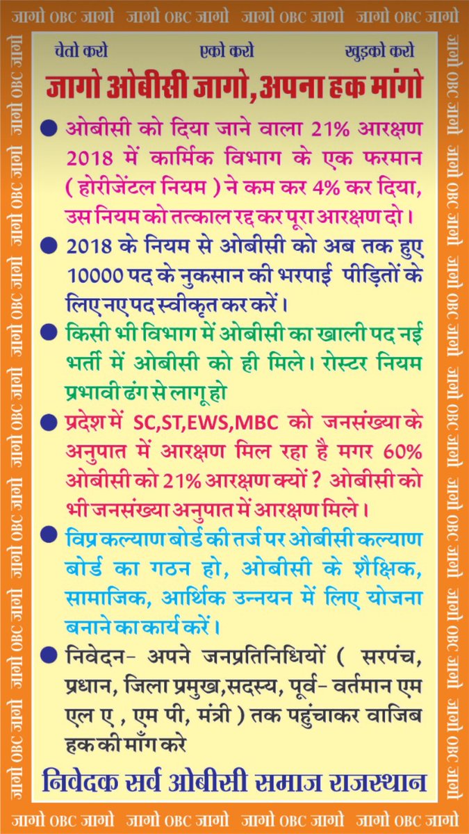 #OBC_को_आजादी_दो_अशोक_जी
#OBC_आरक्षण_बहाल_करो 
<a href="/DotasaraGovind/">govind singh dotasara</a>
<a href="/RahulGandhi/">Rahul Gandhi</a>
<a href="/ashokgehlot51/">Ashok Gehlot</a> <a href="/YogeshYadav_1/">YogesH Yadav OBC</a> <a href="/Barmer_Harish/">Harish Chaudhary</a> <a href="/RajCMO/">CMO Rajasthan</a> <a href="/Hemaram_INC/">Hemaram Choudhary</a> 
<a href="/BaljeetBehror/">Baljeet Yadav</a> 
#OBC_को_आजादी_दो_अशोक_जी 
#OBC_आरक्षण_बहाल_करो <a href="/KatariaLalchand/">Lalchand Kataria</a>
@JJasnathi
<a href="/RajCMO/">CMO Rajasthan</a>