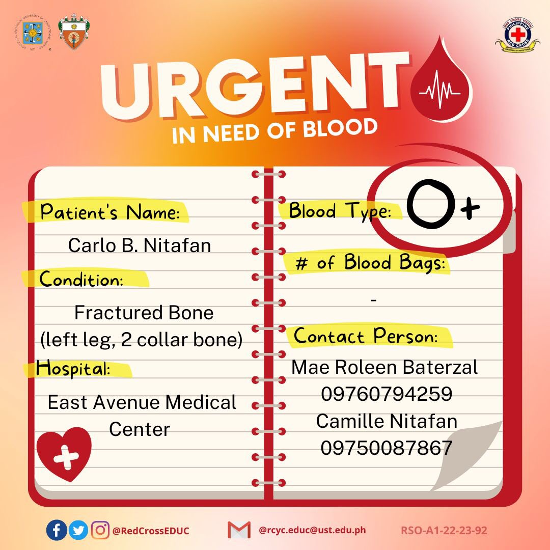 RedCrossEDUC's tweet photo. URGENT 📢 💉

Carlo Nitafan is admitted in East Avenue Medical Center and is in need of type O+ Blood.

Willing donors may contact Mae Roleen Baterzal at 09760794259 and Camille Nitafan at 09750087867

#REDefiningService
#RCYCEduc2223 https://t.co/Npg48KmSNW