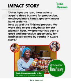 #Kwapreneur 1.0 has been a huge success, with at least 75% of recipient businesses thriving and expanding.
Below are few of the impact stories of the scheme. 
Kudos to H.E <a href="/RealAARahman/">Abdulrahman Abdulrazaq</a> for making Youths development his top priority. 
#AAJourneySoFar