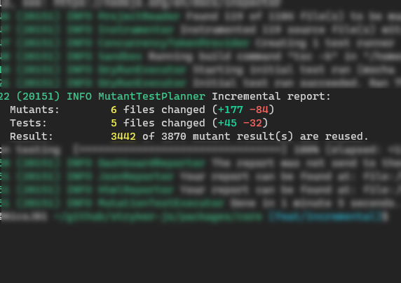 _nicojs's tweet photo. 🐿 Sneak preview. Coming to StrykerJS: run mutation testing only on your changes. We're calling it "--incremental" and it will allow for vast performance improvements. https://t.co/ZBxojcuVJV