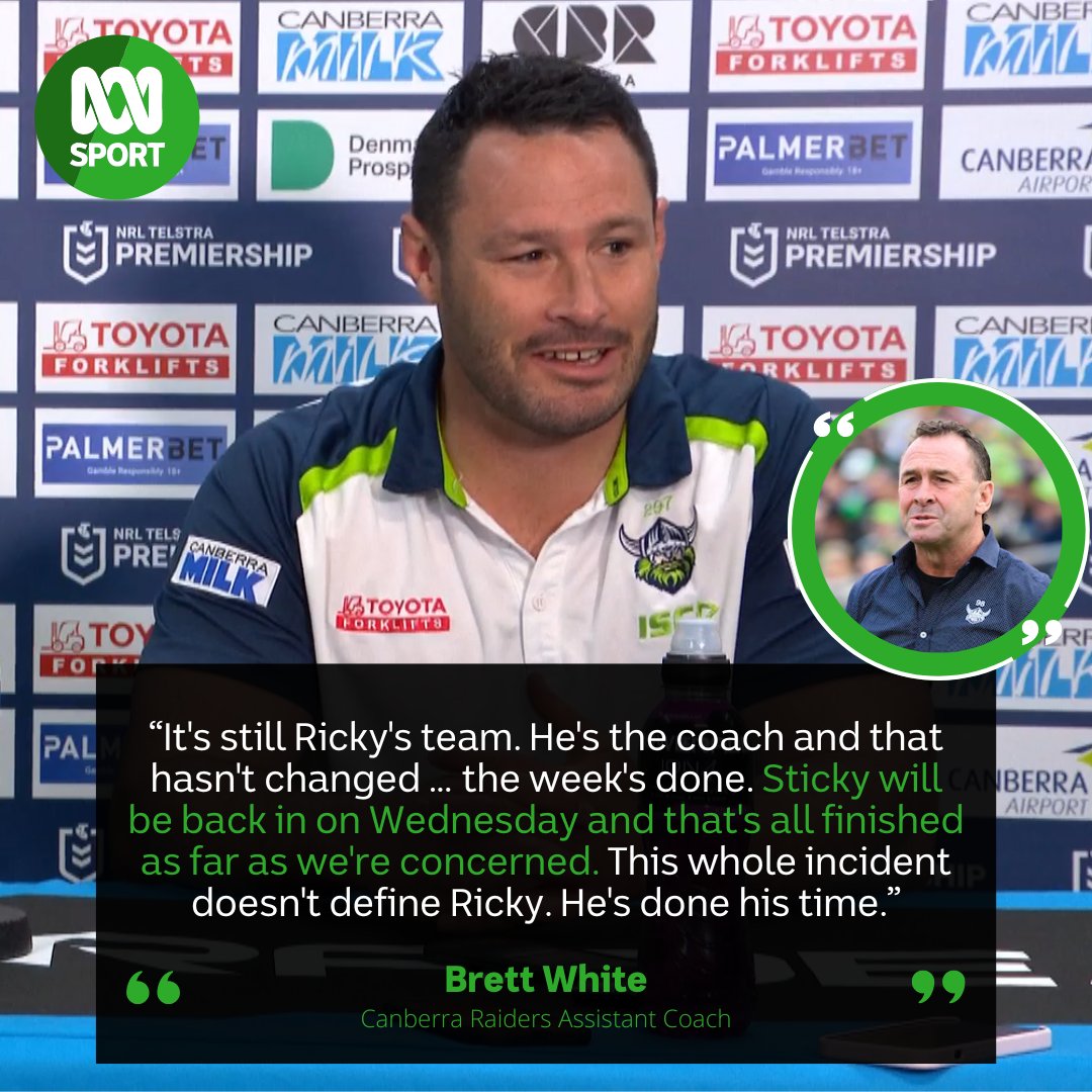 "It's still Ricky's team … he's the coach and that hasn't changed," fill-in <a href="/RaidersCanberra/">Canberra Raiders</a> coach Brett White said after the club kept its finals hopes alive with a win over the Dragons. 💚🍼

#NRL wrap: 👉 ab.co/3piA4Sg
#NRLRaidersDragons #WeAreRaiders