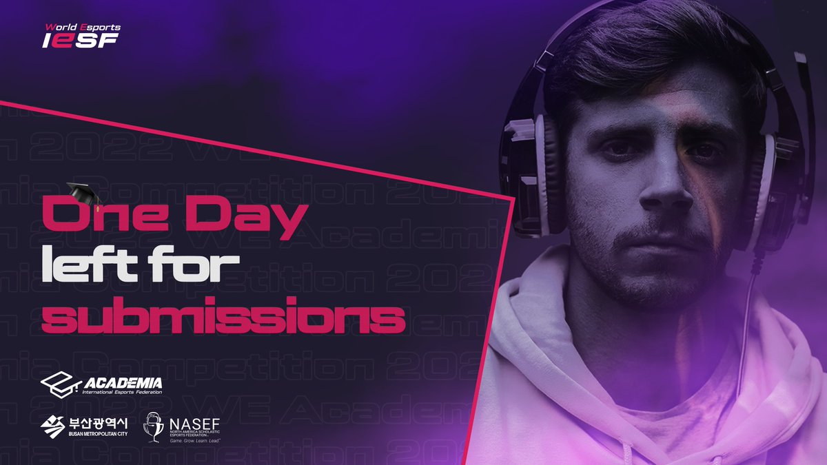 iesf_official's tweet photo. 🎓 Only one day has left to submit your papers for this year's WE Academia! 🎓
Find the submission form on the following link 👇
https://t.co/hpf3bH7Vhe
#WorldEsports #WESummit #onedayleft https://t.co/5BcT6hEipP