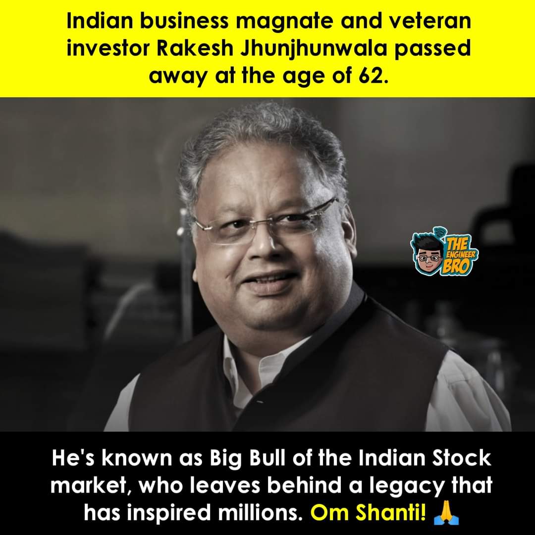 RohiiiP's tweet photo. End of an Era as the Big Bull of the Dalal Street , #RakeshJhunjhunwala passes away. 
Condolences to his family and loved ones. Om Shanti 🙏 #Rakeshjhunjhunwala https://t.co/kgEA0O9Lib