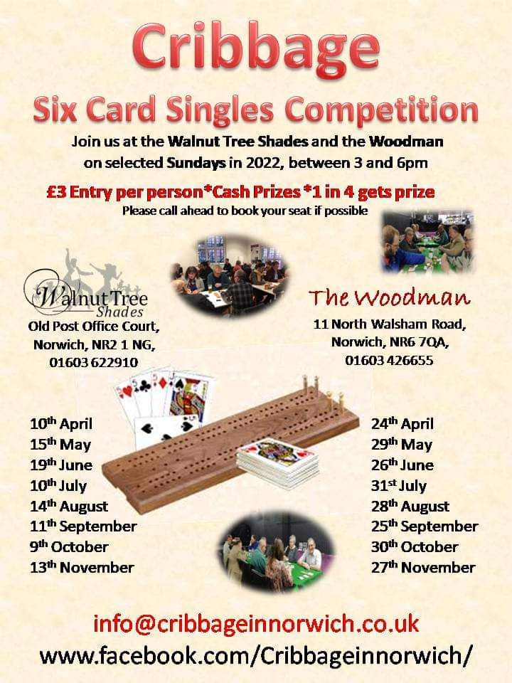 The_Walnut_Tree's tweet photo. Today at the Walnut Tree Shades....
Traditional 6 card singles cribbage competition 
£3 entry per person
Cash Prizes

Arrive from 2.30pm to register 0r ideally please call ahead on 01603 622910 ( so we have an idea on numbers) https://t.co/hXuLDp6tET