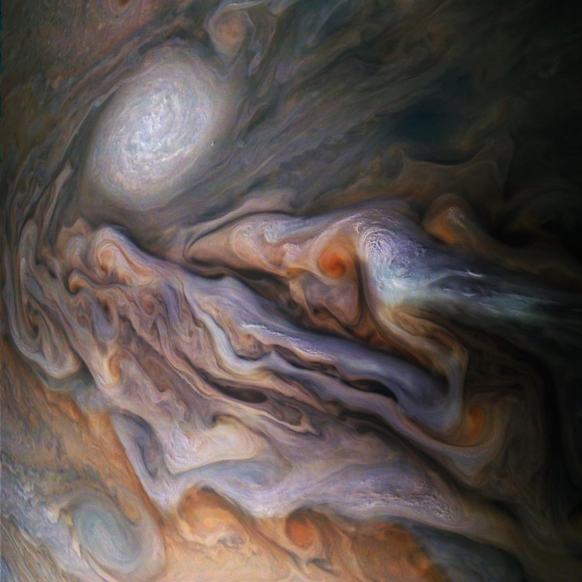 EricLagadec's tweet photo. Ceci n'est pas une vue d'artiste, mais une photo de Jupiter prise par la sonde spatiale Juno de la Nasa, à seulement 7000km de la planète. L'ovale blanc est un anticyclone, au dessus de nuages tourbillonnants. (©Eischtadt/Doran/Nasa) https://t.co/7k6GabIppw