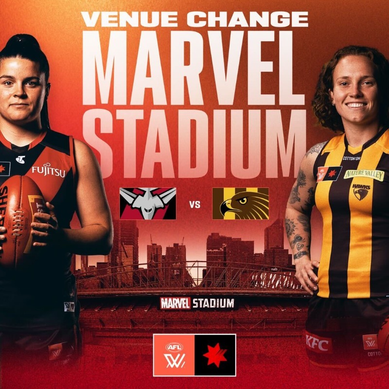 aflwomens's tweet photo. Marvel-ous 🏟️

The inaugural NAB #AFLW match between @essendonfcw and @hawthornaflw has officially been moved to Marvel Stadium 🙌