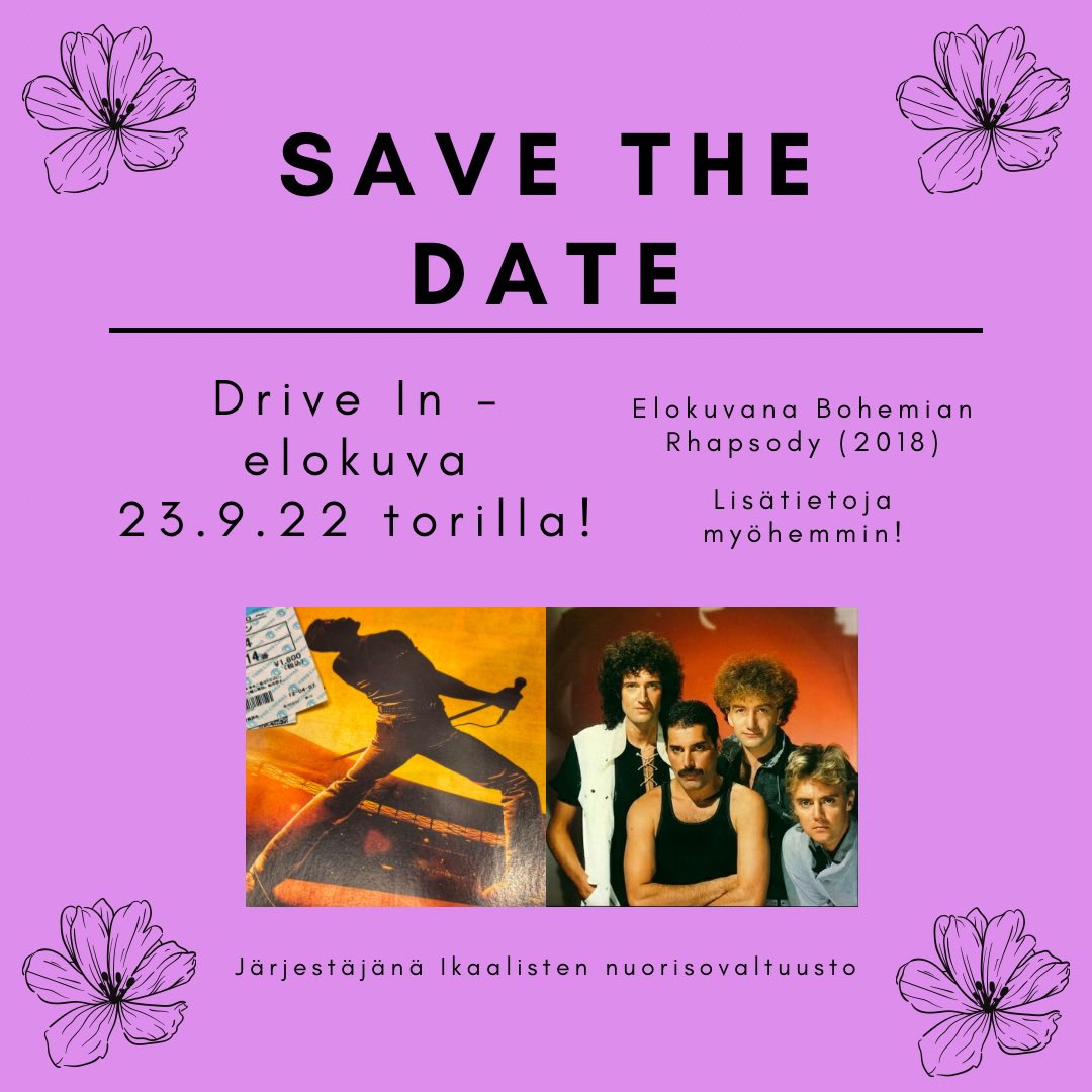 ikanuva's tweet photo. Tervetuloa nauttimaan syksyisestä illasta hyvän elokuvan parissa, nimittäin: 

Nuorisovaltuusto järjestää Drive In -elokuvan 23.9 Ikaalisten torilla!

Elokuvana on Bohemian Rhapsody (2018). Muut lisätiedot luvassa myöhemmin🫶🏼 https://t.co/H2V0PpXH9E