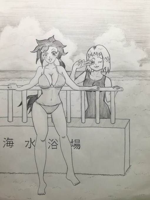 #水着祭りお絵描き大会2022
シエ美と通常版ルディ子の身長差の関係からTwitterのサムネイル処理でルディ子がまるごとトリミングされたため二人とも映れるように計算して調整された構図で新たに描いたシエ美&BD版ルディ子バージョン水着祭りお絵描き大会2022 