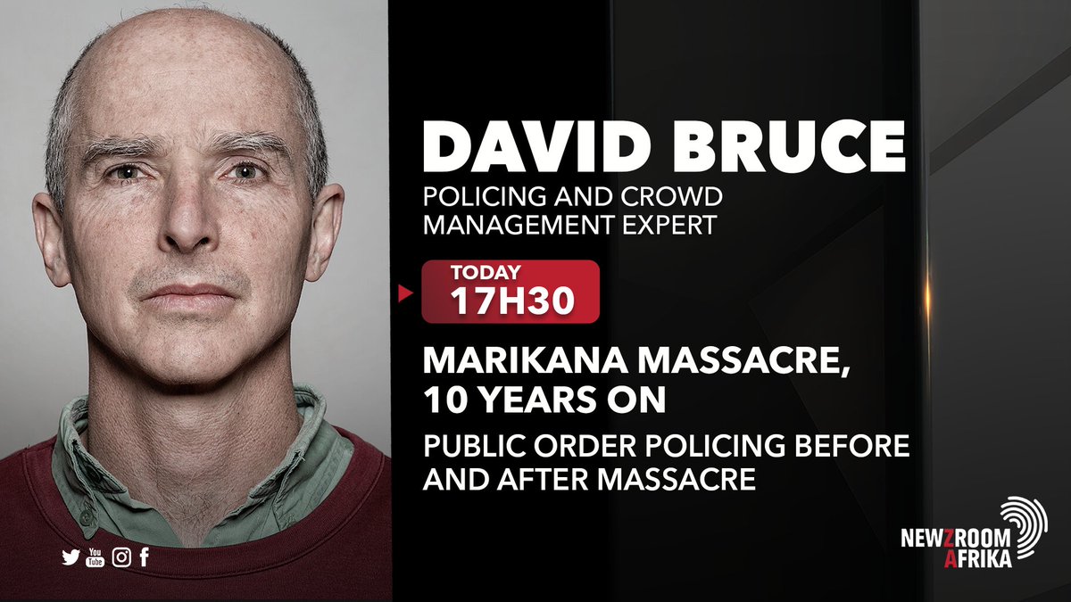 Newzroom405's tweet photo. [COMING UP] Catch policing and crowd management expert, #DavidBruce on Newsfeed, as he will be discussing the #MarikanaMassacre and public order policing before and after the tragedy.

Tune into #Newzroom405 for more. https://t.co/HrsPUNr8XM