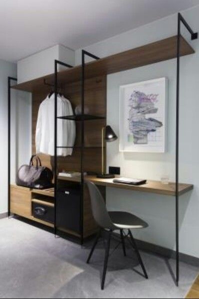 GallivanteDsgn's tweet photo. Puro hotel. Integrated desk and open closet #wardrobe #desk https://t.co/KFXlwVTf6c https://t.co/Un3fmADqpf