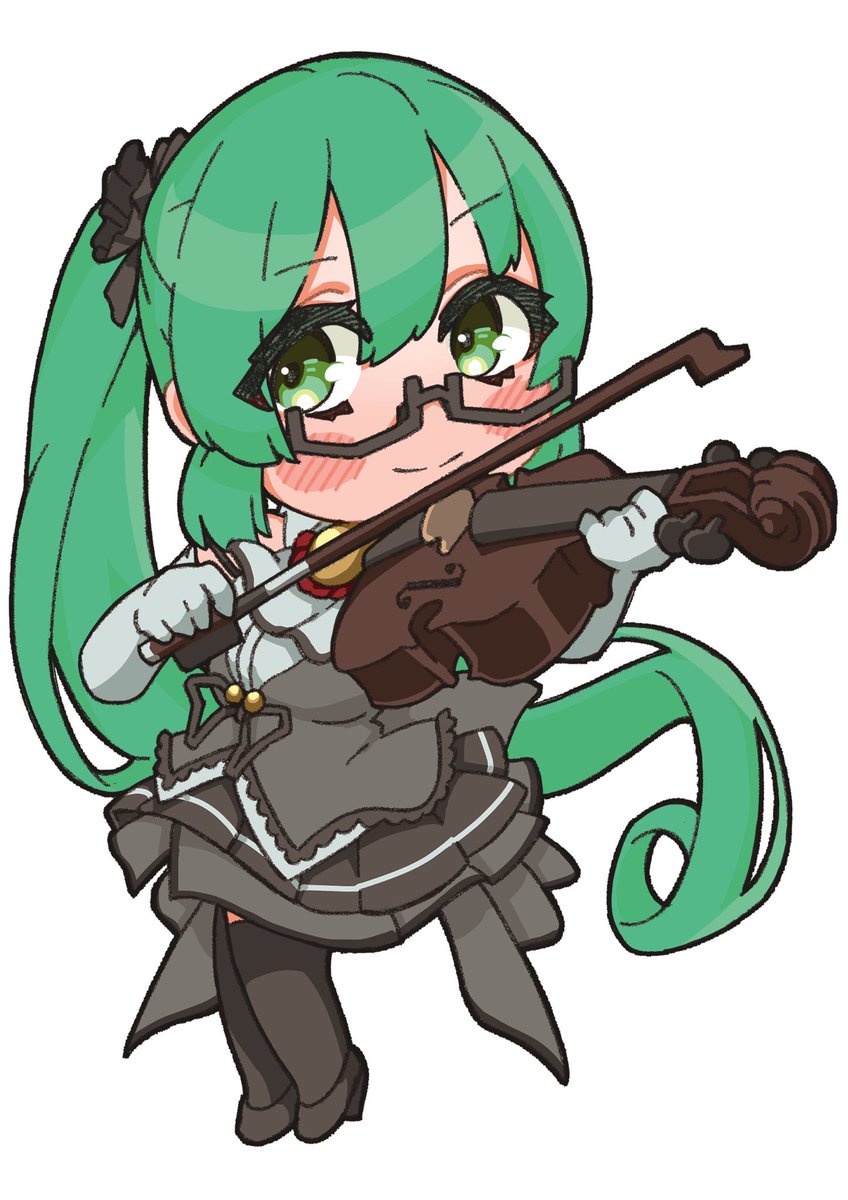 1girl green hair solo glasses chibi side ponytail green eyes  illustration images