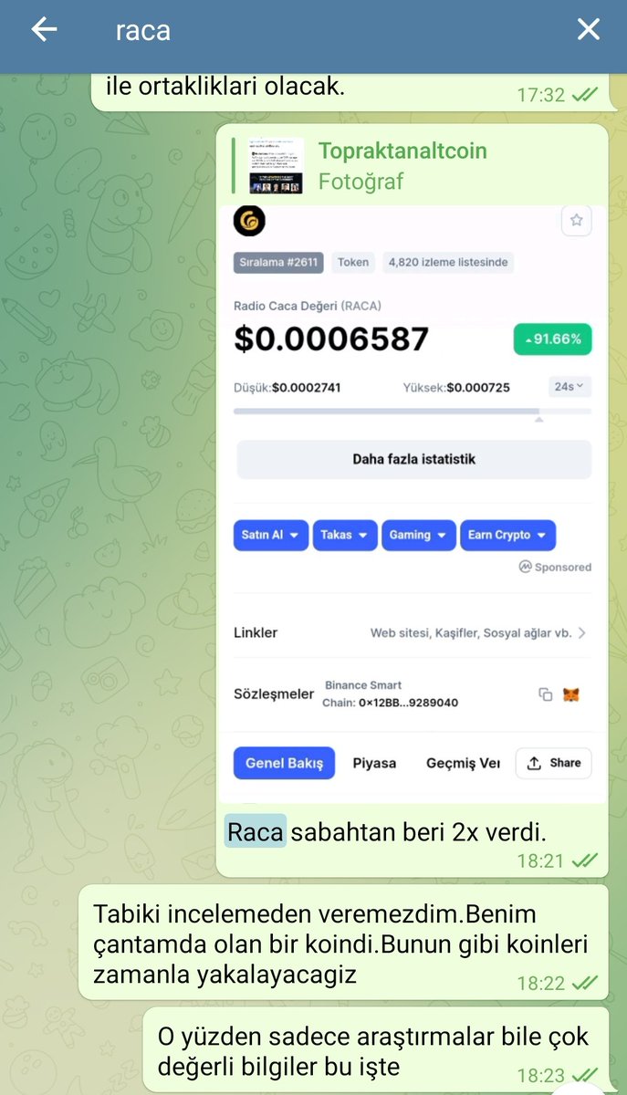 #Raca hacim olarak çok yüksek,#binance bir koindeki hacimi ve holders sayısını çok fazla önemser.
Türkiye'ye racayı ilk tanıtan kanal olarak ben de artık racadan bir binance bekliyorum.
Giriş yaptığım yerden 26x yapıp kar satışı yapmıştık,hala sepetimde hatrı sayılır miktarda var