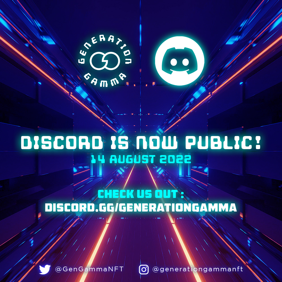 🚨Generation Gamma Discord is public now!
Join us now and become part of our community

Full article on project introduction will be publish on tomorrow

🔔Turn on notifs
🚀 discord.gg/generationgamma

#Discord #NFTs #NFT #NFTartist  #NFTshill #NFTMarketplace #ETH #OpenSea #Ethereum