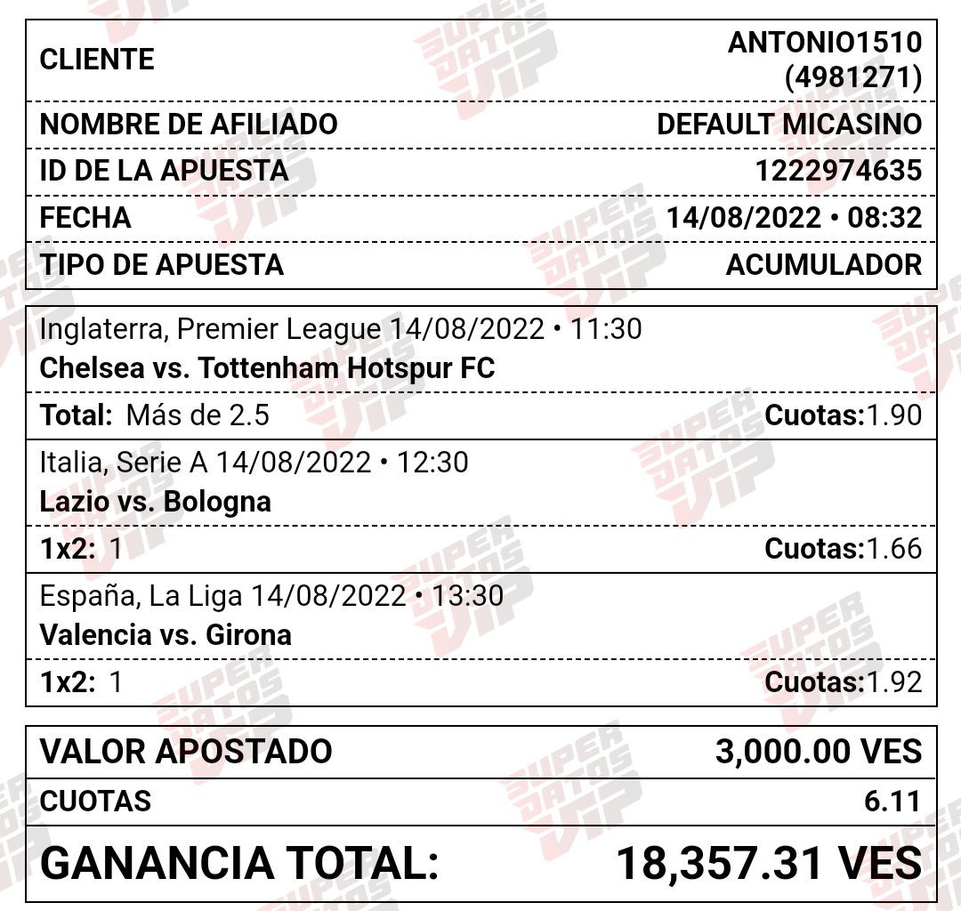 SuperDatosVip's tweet photo. Picks Free Parley Fútbol Domingo ⚽

• Chelsea vs Tottenham Alta 2.5 ⚽️
• Lazio Ganar ⚽
• Valencia Ganar ⚽

Cuota 6.11 📊

#Futbol #Venezuela #Colombia #Peru #Chile #Argentina #Brasil #Ecuador #españa #italia #inglaterra #parley #Deportes #parleyvip #mexico #betting #bets https://t.co/BT5QT5cwUq