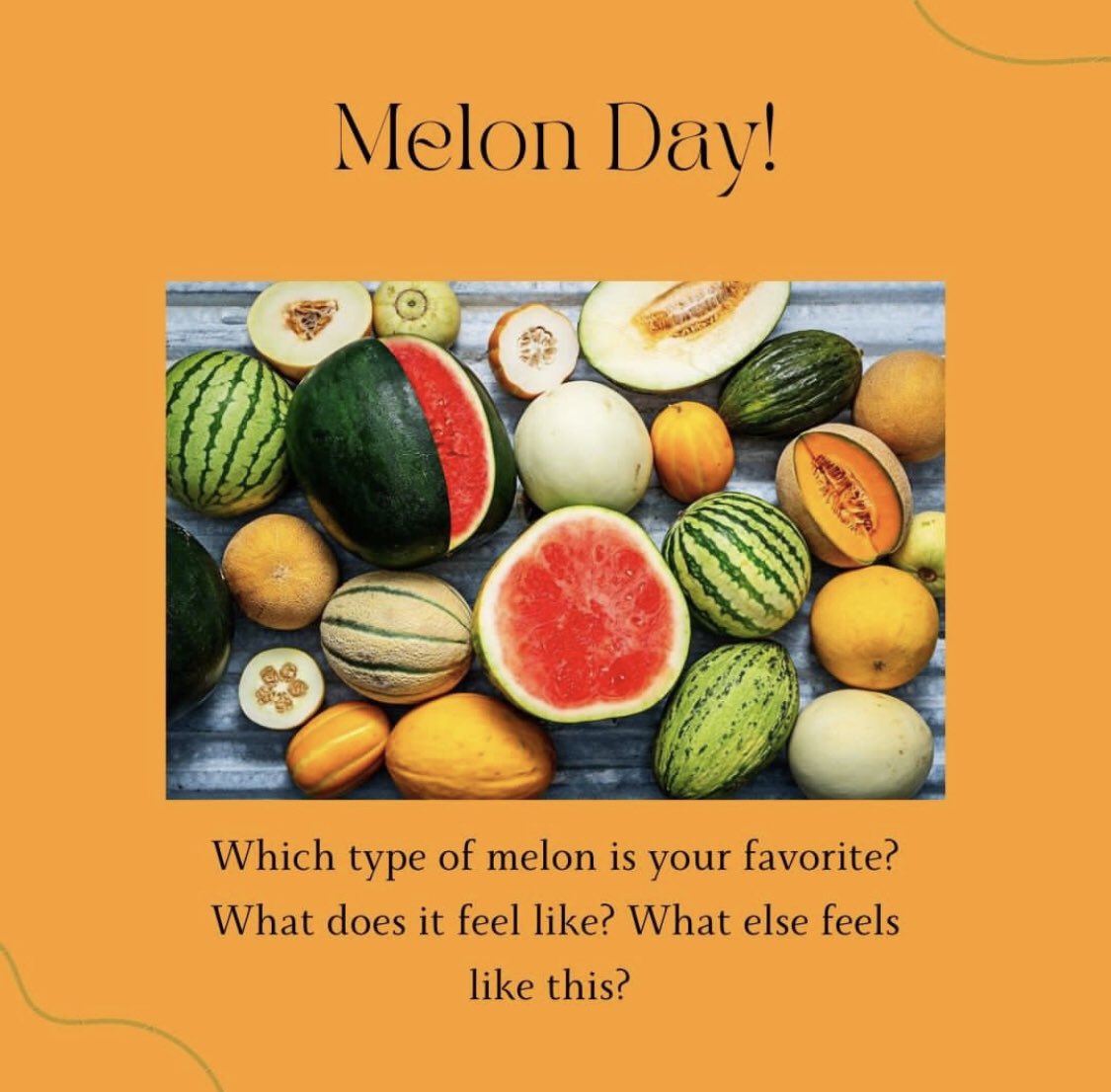 TasteBudsTable's tweet photo. It's #MelonDay! Which type of melon is your favorite? What else tastes or feels like your favorite type of melon? Tell us below!
#SensorySunday #sundayfunday https://t.co/l6hx4IiEHj