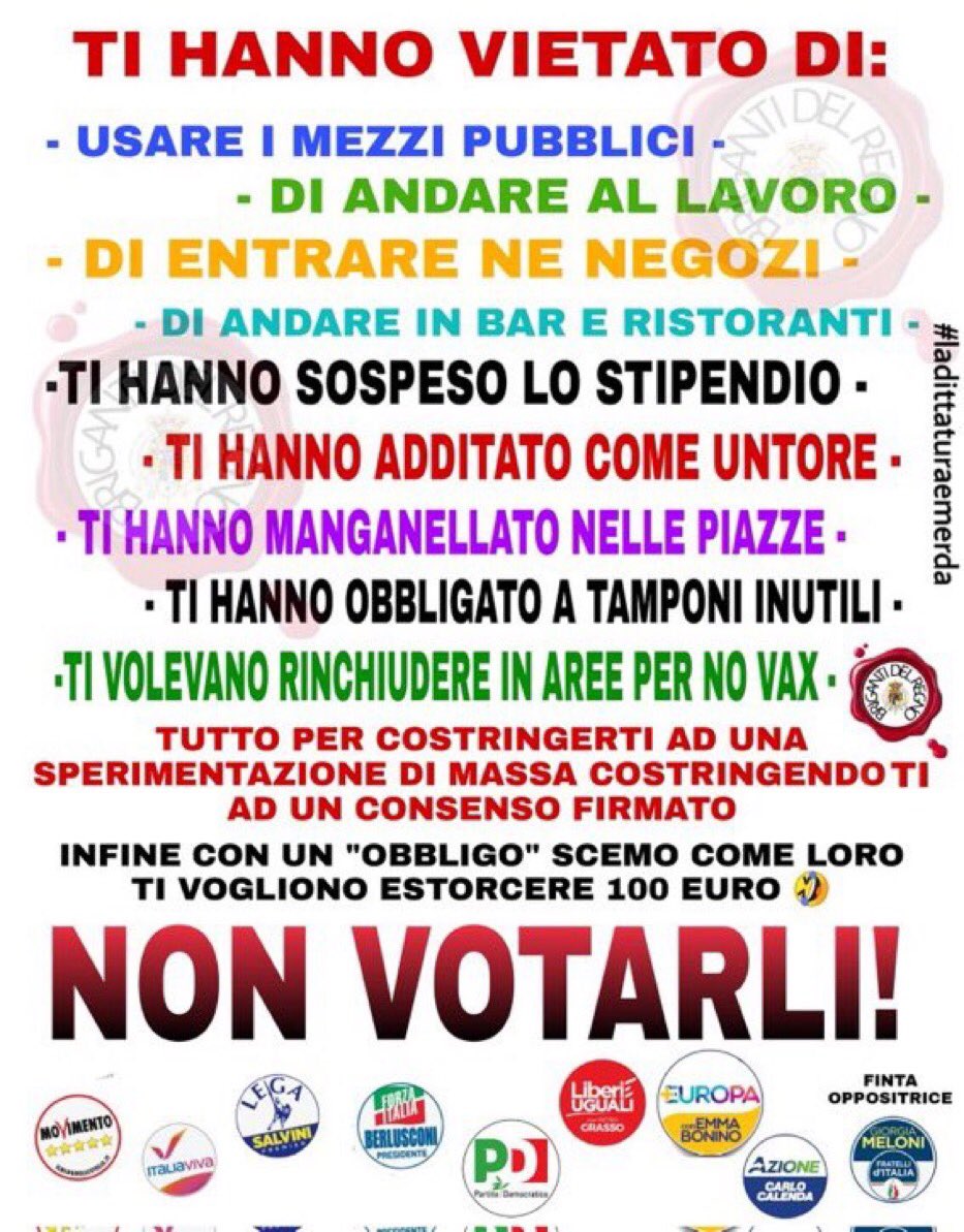 <a href="/GiorgiaMeloni/">Giorgia Meloni</a> <a href="/FratellidItalia/">Fratelli d'Italia 🇮🇹</a> - GreenPass??????
- Obbligo vaccinale?????
- Multe #Over50 che non si sono vaccinati?????
- Obbligo vaccinale Personale Sanitario, Forze Armate, Insegnanti, Forze dell'Ordine?????
- Obbligo mascherine a scuola ai bambini?????
Ecc.ecc.
         ??????"#VOGLIAMORISPOSTE"??????
