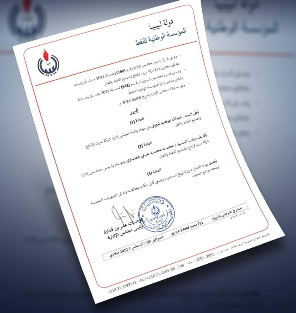 رئيس المؤسسة الوطنية للنفط "فرحات بن قدارة" يصدر قرار بإعفاء رئيس مجلس إدارة شركة سرت للنفط والغاز "عبدالله ٱبراهيم شويقي" وتكليف "محمد الفنتري"